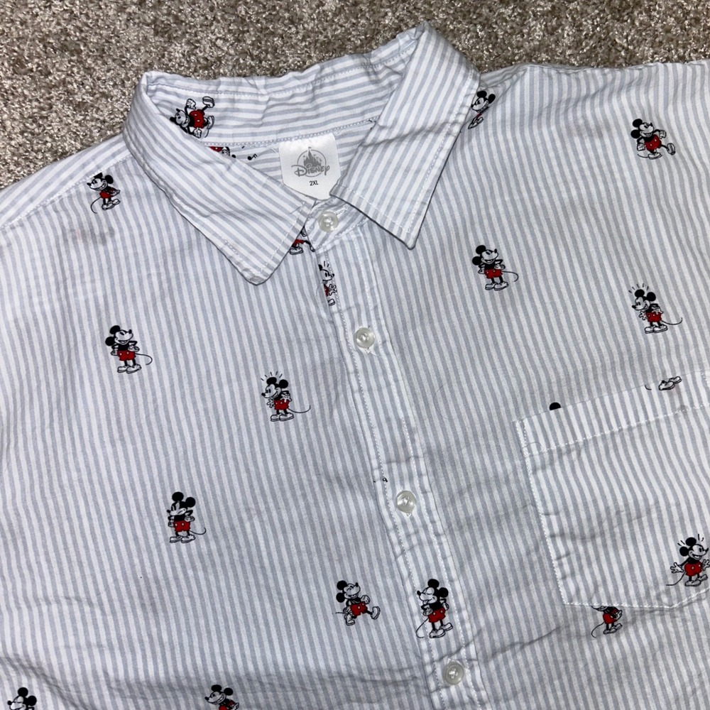 Disney Mickey Mouse All Over Print‎ Button Shirt Men Size 2XL Striped Pocket
